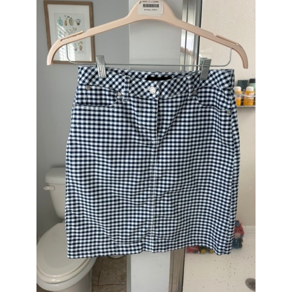 Talbots Women's Size 2 Navy Blue White Gingham Check Stretch Denim Skirt